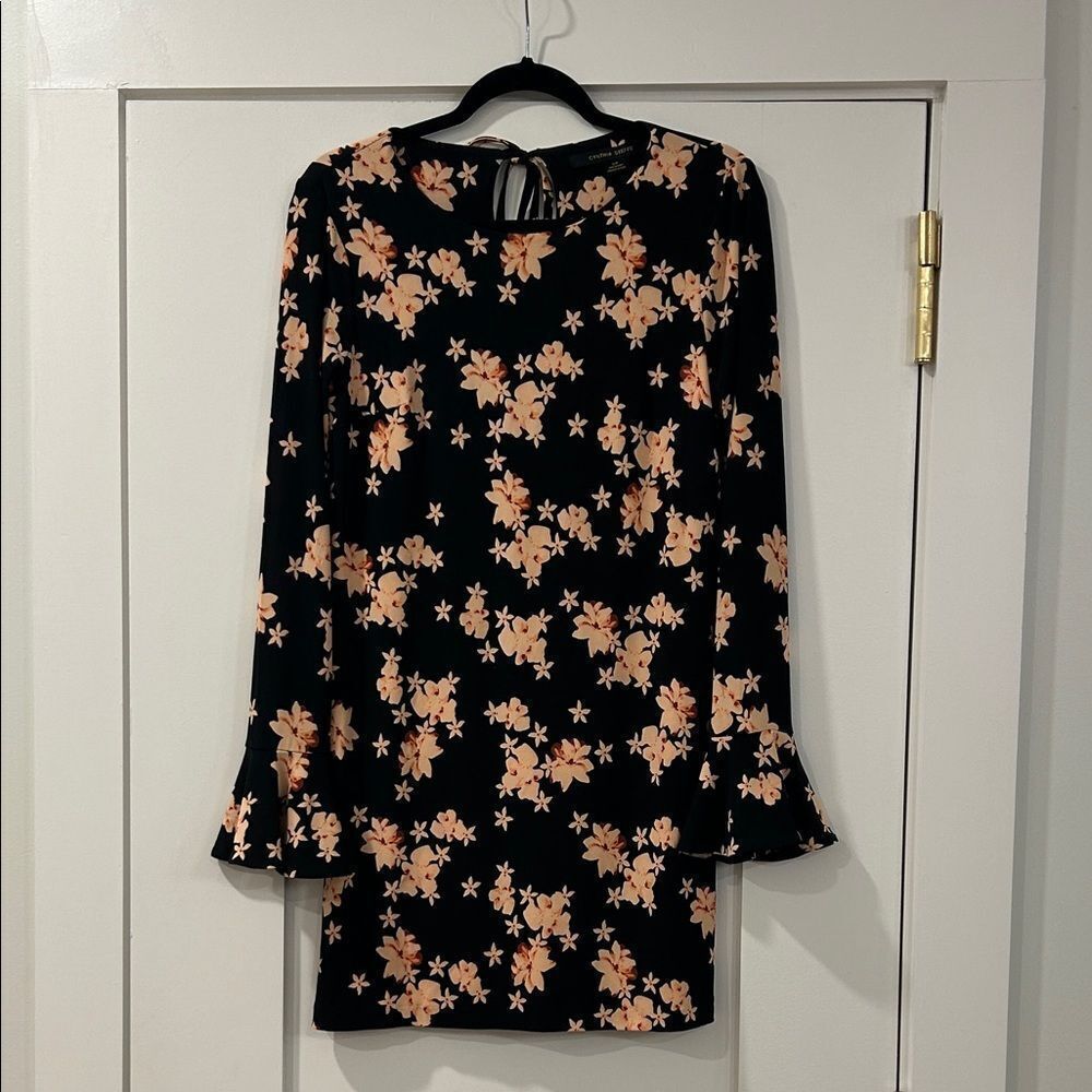 Cynthia Steffe Black Dress with Peach Floral Design, Size S/P